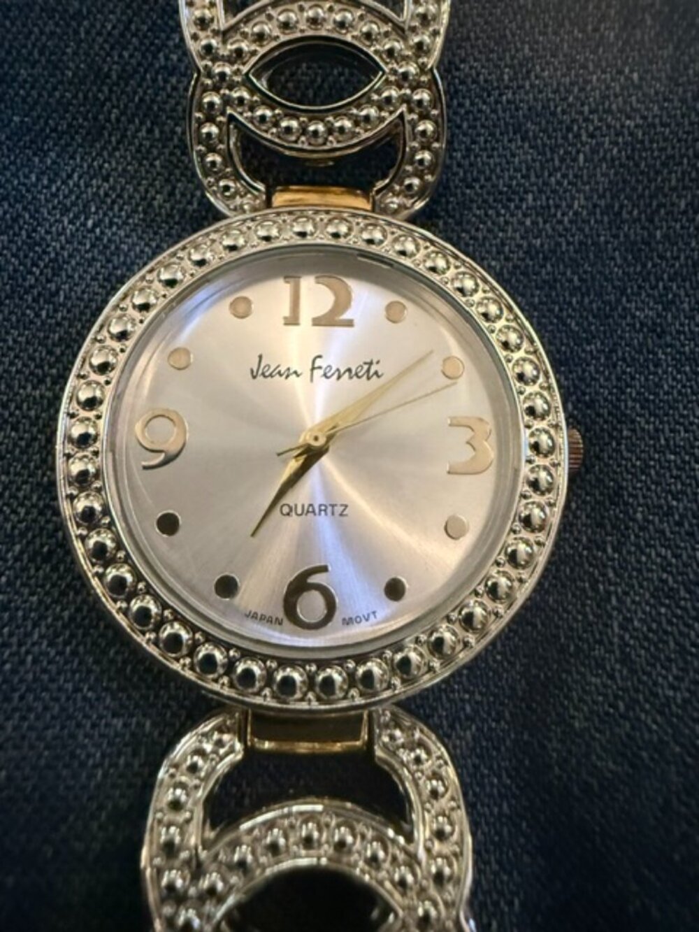 Jean Ferreti Women's Quartz Watch Two-Tone Silver Gold Beaded Bezel Japan Moveme